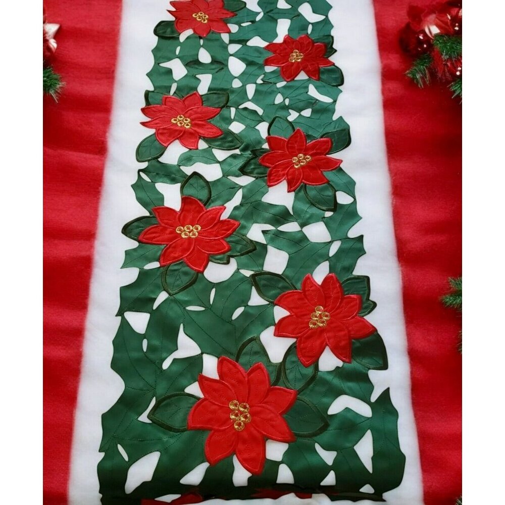 Poinsettia Table Runner Holiday Christmas Floral Cut Out Embroidery Mantel Decor